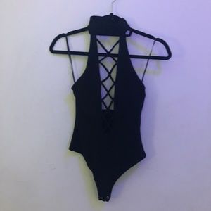 Express Tops - EXPRESS - Black Choker Criss Cross Bodysuit Express Tops - EXPRESS - Black Choker Criss Cross Bodysuit